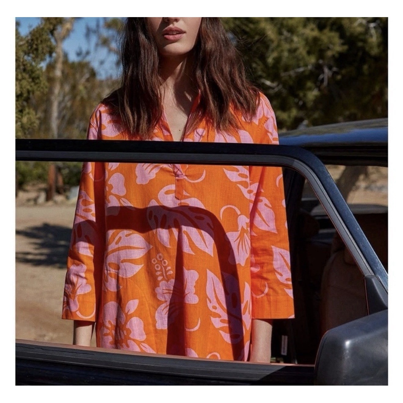 Sleepy Jones Jane Aloha Floral Print Tunic Dress Orange Pink Women's Size L Nwt — image 2 of 7